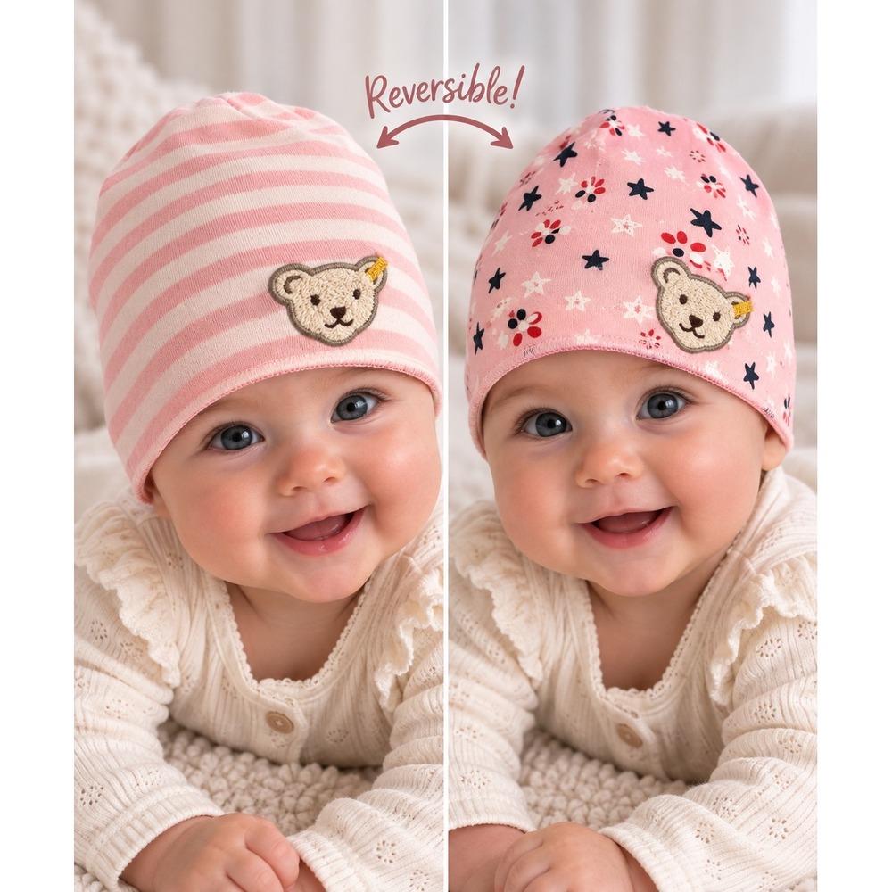 Steiff Reversible Beanie Baby Pink Striped Star Teddy Bear Hat